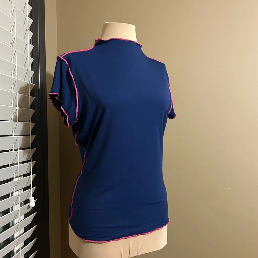 Anthropology Dolan Navy Contrast Pink Trim Tee - Picture 3 of 8